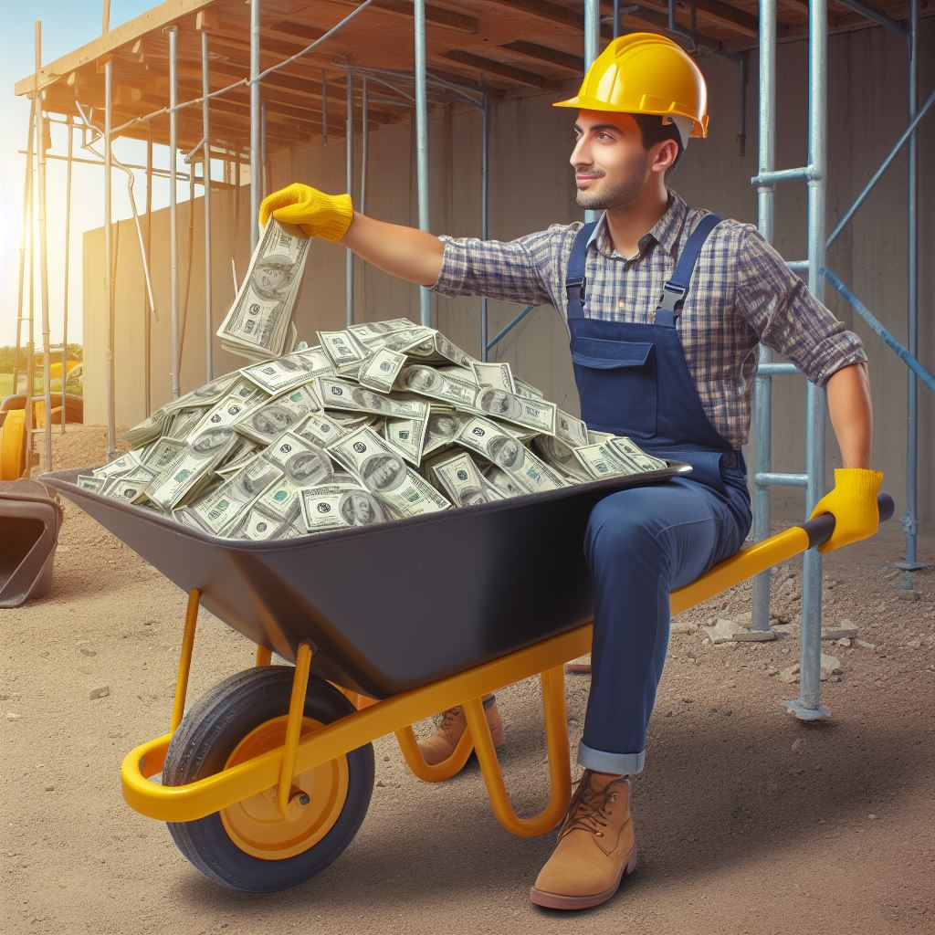 CAT bulldozer pushing a pile of gold coins — delay claims can be enormously costly on construction projects