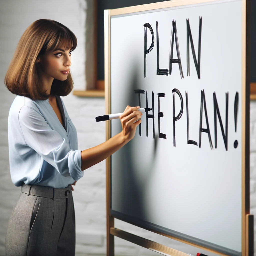 Woman writing 'Plan the Plan' on a whiteboard