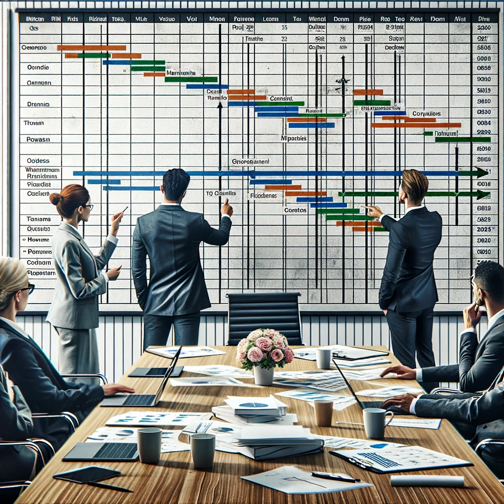 Project team reviewing a construction program on a large wall-mounted schedule
