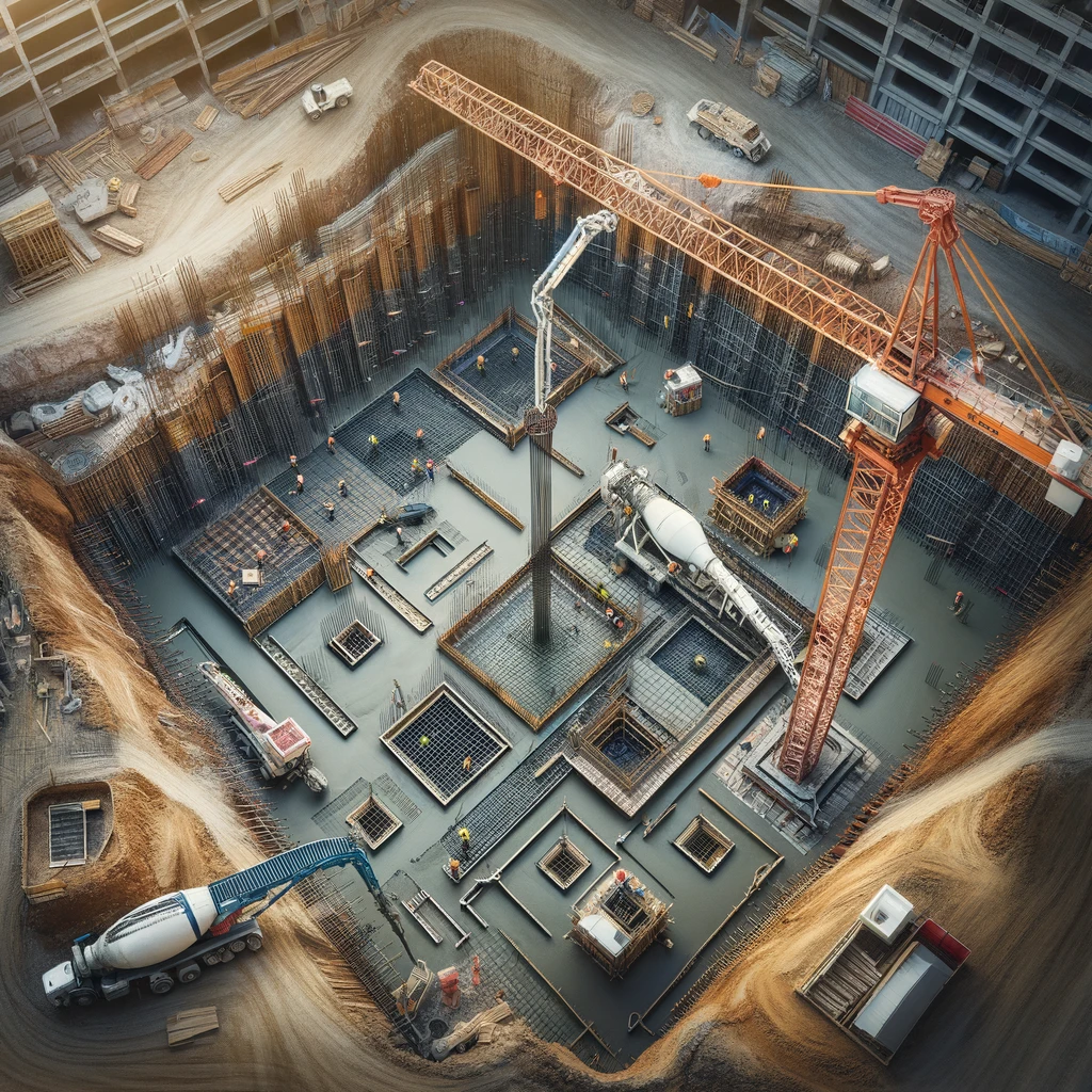 Aerial view of construction site with cranes and concrete works