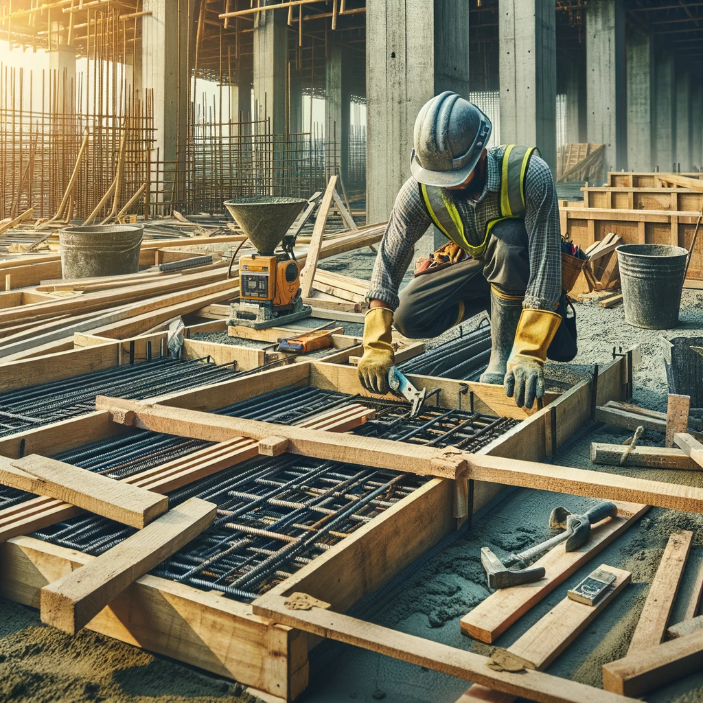 Formwork carpenter setting up reinforced concrete slab
