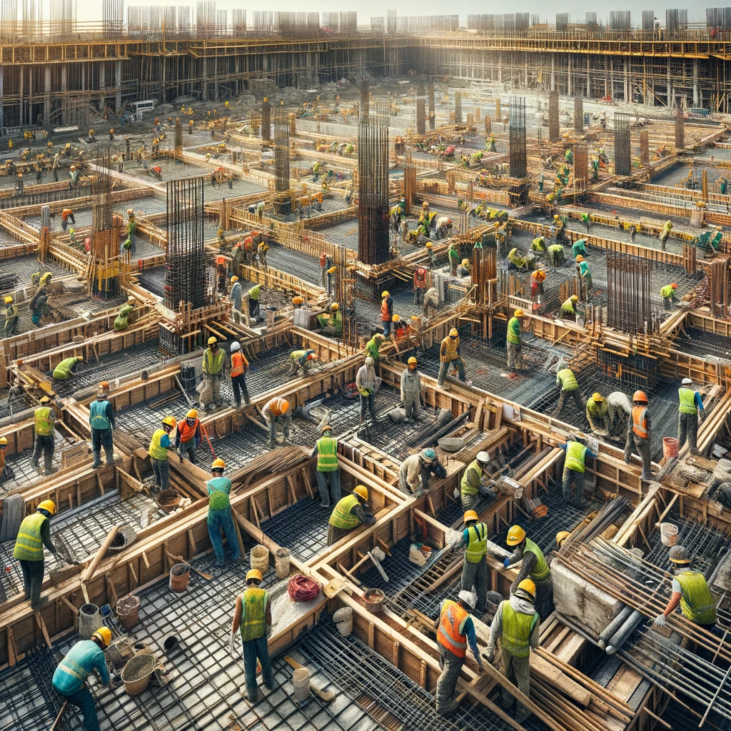 Large construction crew working on formwork and reinforcement